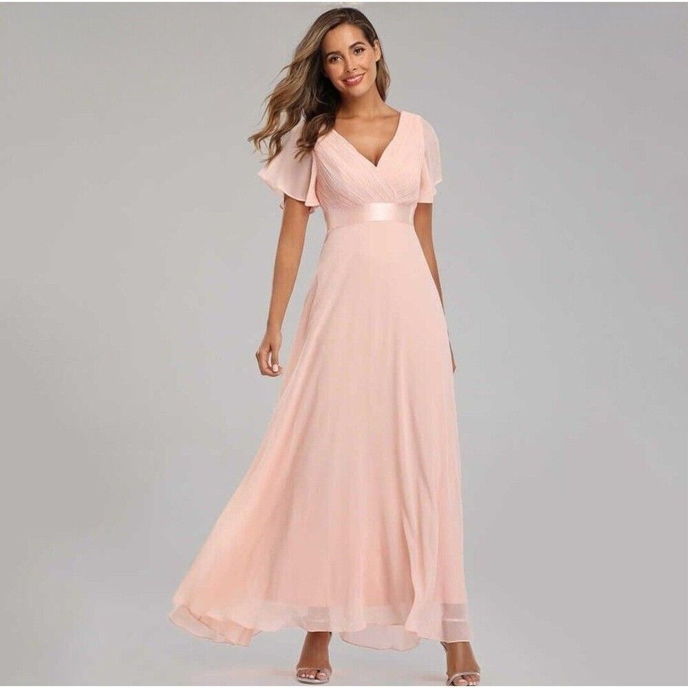 Sequins Runway Pink Chiffon V-neck Maxi Dress Women's XXL Bridesmaid Casual